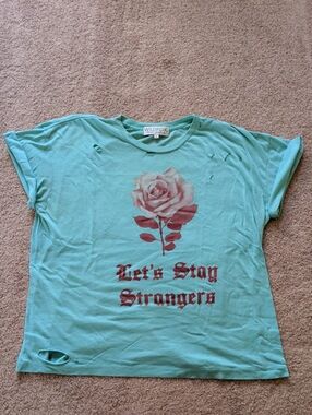 Wildfox Mint Green Rose Distressed Graphic Tee with Red Print